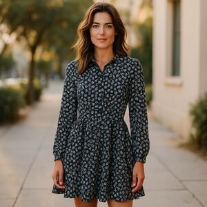 Black & White Floral Fit and Flare Long Sleeve Dress Size S